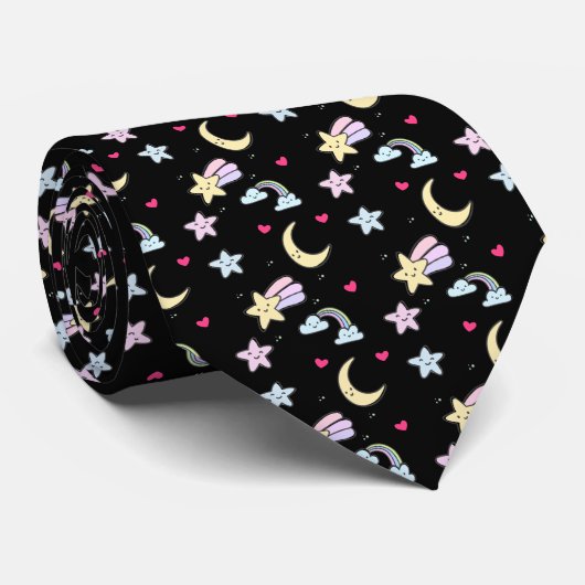 Whimsical Moon, Stars and Clouds Pattern on Black Stropdas (Opgerold)