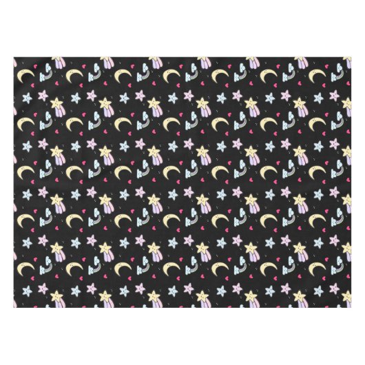 Whimsical Moon, Stars and Clouds Pattern on Black Tafelkleed (Voorkant (Horizontaal))