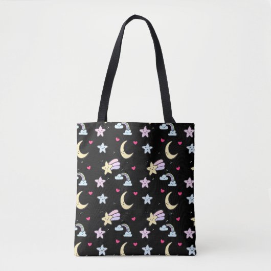 Whimsical Moon, Stars and Clouds Pattern on Black Tote Bag (Voorkant)