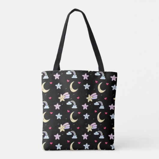 Whimsical Moon, Stars and Clouds Pattern on Black Tote Bag (Achterkant)