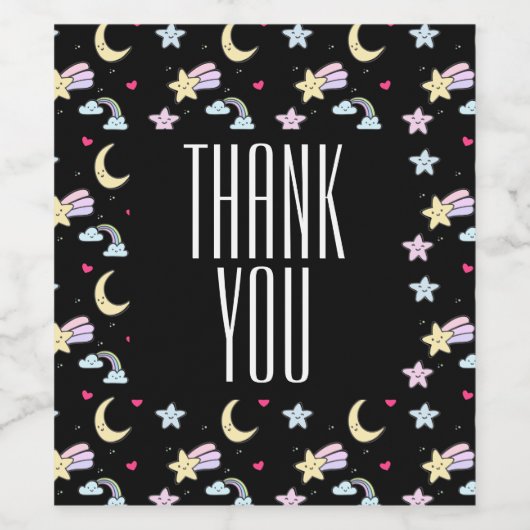 Whimsical Moon, Stars and Clouds Pattern on Black Wijn Etiket (Enkel label)