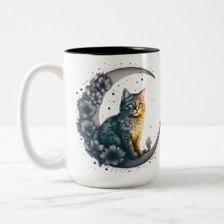 Whimsical Moonlit Cat Art Tweekleurige Koffiemok