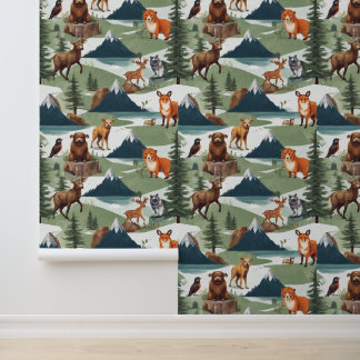 Whimsical Mountain Adventure Dieren Patronen Cool Behang