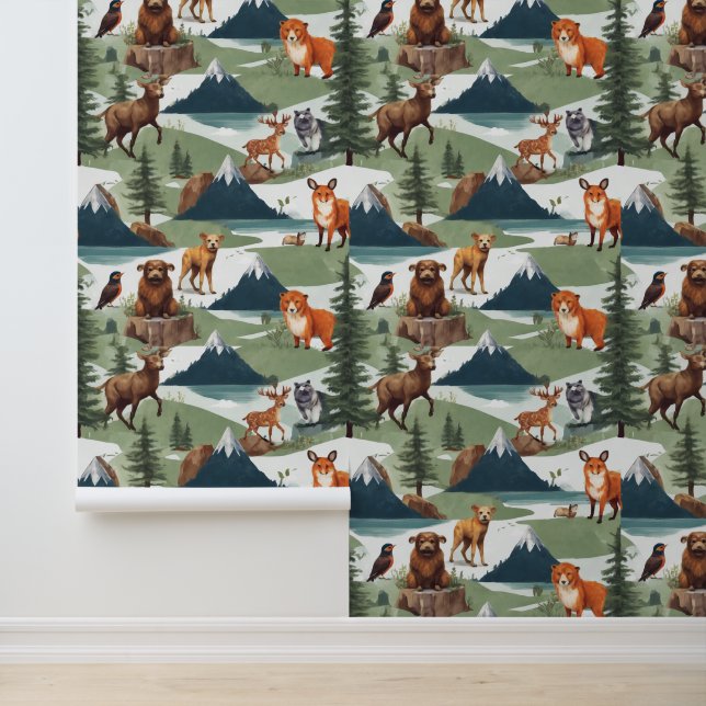 Whimsical Mountain Adventure Dieren Patronen Cool Behang (Applicatie)
