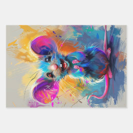 Whimsical Mouse,  Birds, Aussie Drip Paint Inpakpapier Vel