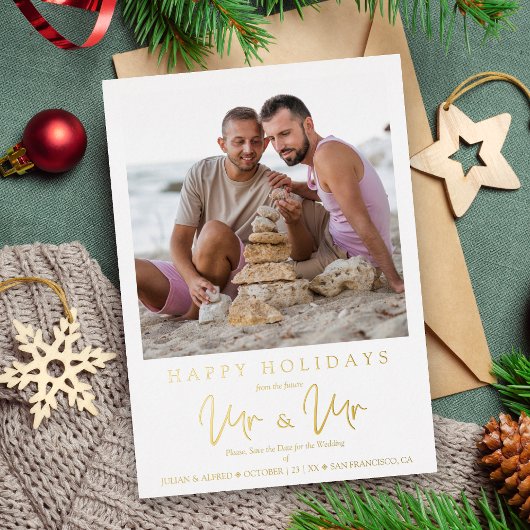 Whimsical MR & MR Gay Kerstbruiloft Foto Folie Feestdagenkaart