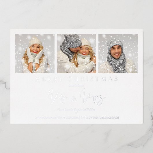 Whimsical MR & MRS Christmas Wedding 3 Photos Folie Uitnodiging (Voorkant)