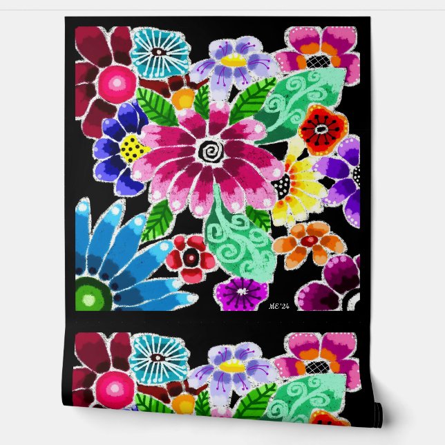 Whimsical Multi-Colour Folk-Art Bloemen Bloemen Bl Behang (Afrollen)