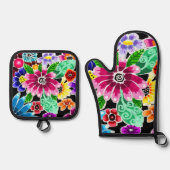 Whimsical Multi-Colour Folk-Art Bloemen Bloemen Bl Ovenwant & Pannenlap Set (Voorkant)