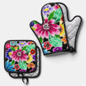 Whimsical Multi-Colour Folk-Art Bloemen Bloemen Bl Ovenwant & Pannenlap Set (Voorkant / Achterkant)