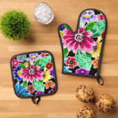 Whimsical Multi-Colour Folk-Art Bloemen Bloemen Bl Ovenwant & Pannenlap Set (Top down)