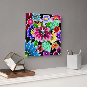 Whimsical Multi-Colour Folk-Art Bloemen Bloemen Bl Vierkante Klok
