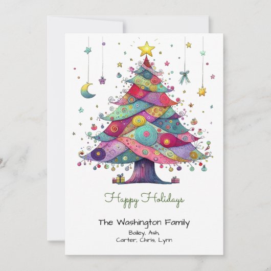 Whimsical Multicolor Kerstboom Happy Feestdagenkaart (Voorkant)