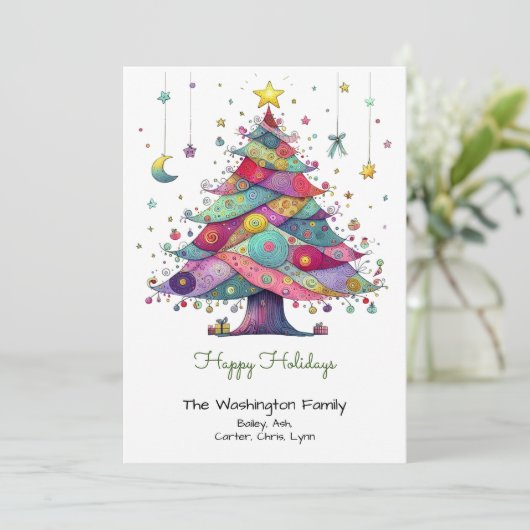 Whimsical Multicolor Kerstboom Happy Feestdagenkaart (Staand voorkant)
