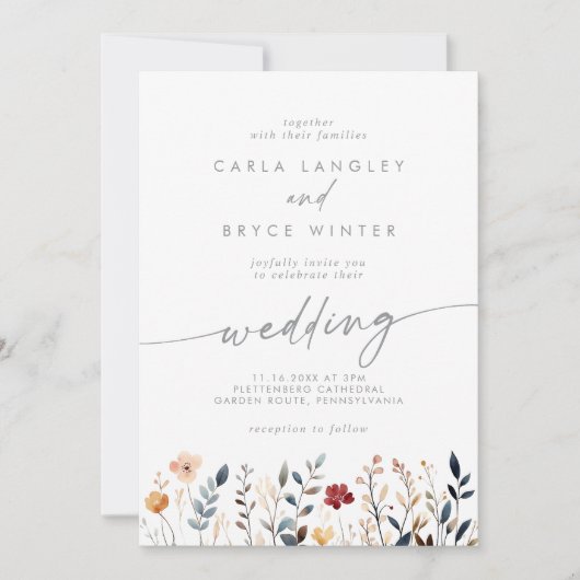 Whimsical Multicolor Wildflower Front Back Wedding Kaart (Voorkant)