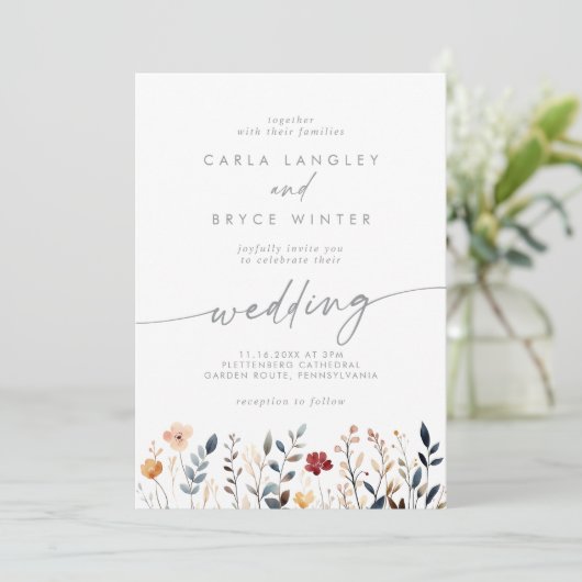 Whimsical Multicolor Wildflower Front Back Wedding Kaart (Staand voorkant)