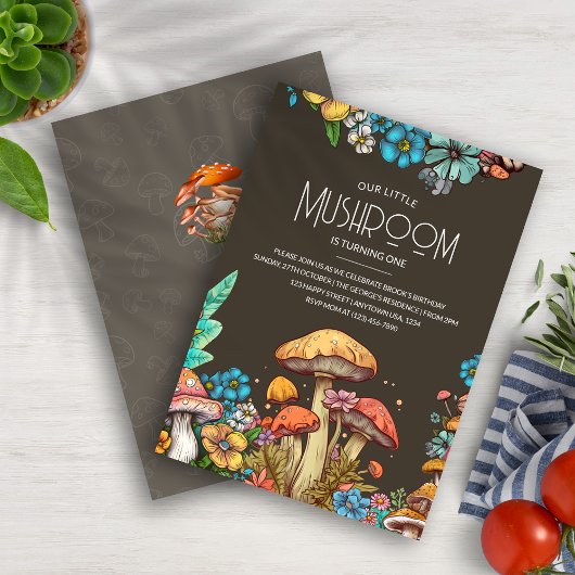 Whimsical Mushroom 1e Verjaardag Kaart Kinder Invi