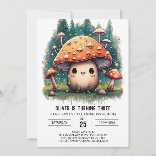 Whimsical Mushroom bewerkbare verjaardagsuitnodigi Kaart (Voorkant)