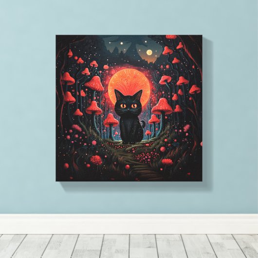 Whimsical Mushroom Cat Stretched Canvas Print (Insitu (Houten vloer))
