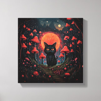 Whimsical Mushroom Cat Stretched Canvas Print
