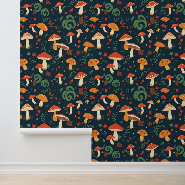 Whimsical Mushroom en gebladerte patroon Behang (Applicatie)