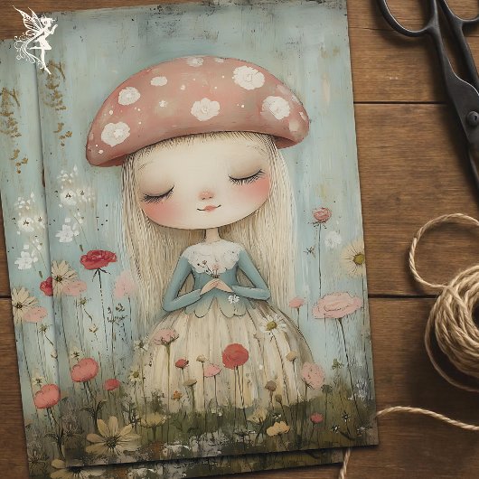 Whimsical Mushroom Fairy in een bloemenweide kunst Tissuepapier
