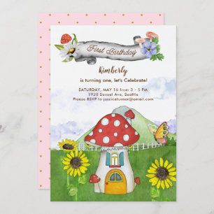 Whimsical Mushroom Floral Banner First Birthday Kaart