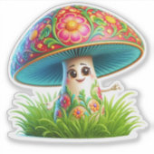 Whimsical Mushroom karakter omgeven door bloemen Sticker (Voorkant)