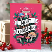 Whimsical Mushroom Merry Christmas Pink Feestdagen Kaart