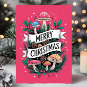 Whimsical Mushroom Merry Christmas Pink Feestdagen Kaart