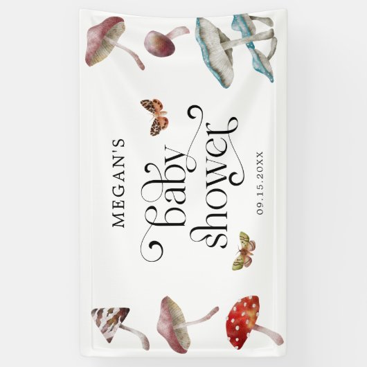 Whimsical Mushroom & Moth Baby shower Spandoek (Verticaal)