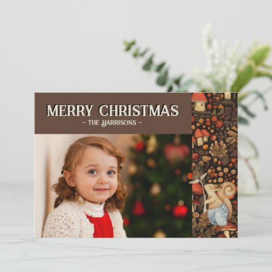 Whimsical Mushroom Woodland Forest Kerstfoto Feestdagenkaart (Staand voorkant)