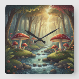 Whimsical Mushrooms and brook Vierkante Klok