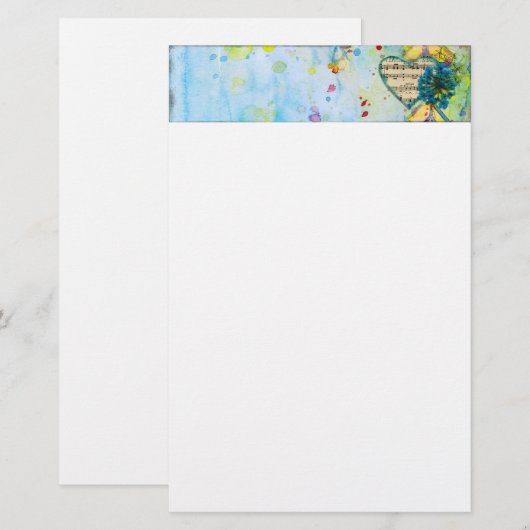 Whimsical Muzikale Geschilderde Hart Header Briefpapier (Voorkant / Achterkant)