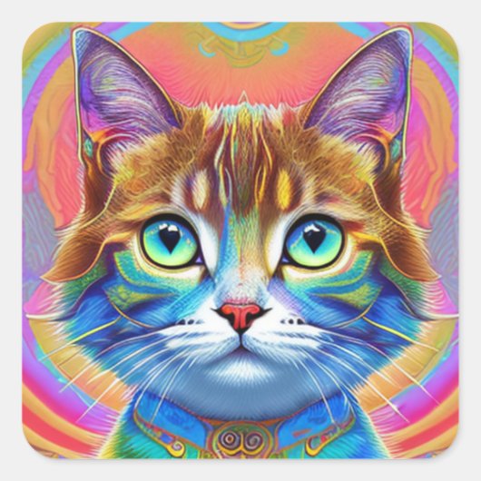Whimsical mystieke kleurrijke kat vierkante sticker (Voorkant)