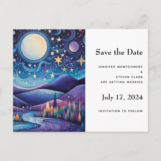 Whimsical Nacht Grote Maan Landschap Bruiloft Aankondigingskaart (Voorkant)