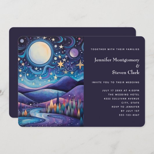 Whimsical Nacht Grote Maan Landschap Bruiloft Kaart (Voorkant / Achterkant)