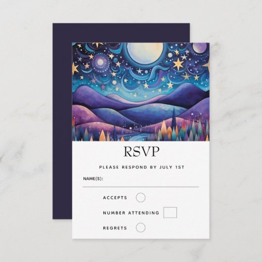 Whimsical Nacht Grote Maan Landschap Bruiloft RSVP Kaartje (Voorkant / Achterkant)