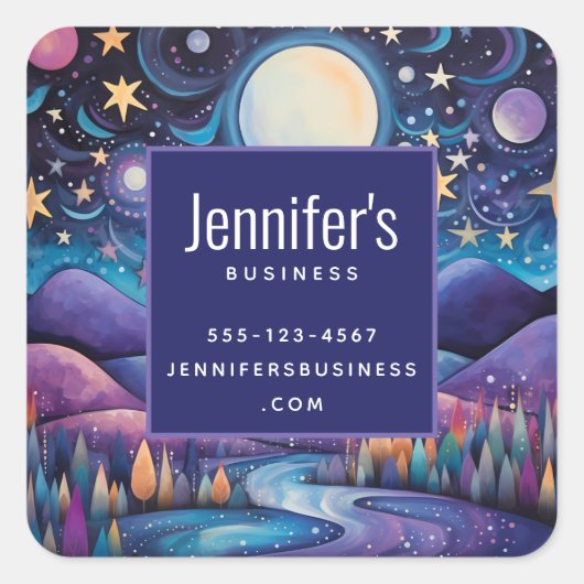 Whimsical Nacht Grote Maan Landschap Business Vierkante Sticker (Voorkant)