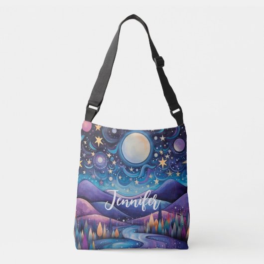 Whimsical nacht grote maan landschap crossbody tas (Voorkant)