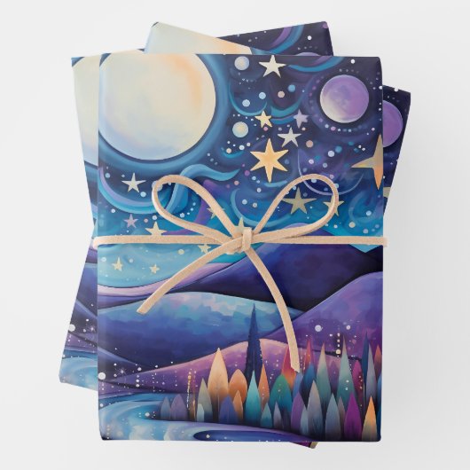 Whimsical nacht grote maan landschap inpakpapier vel (In situ)