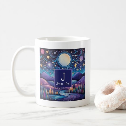 Whimsical nacht grote maan landschap monogram koffiemok (Met donut)