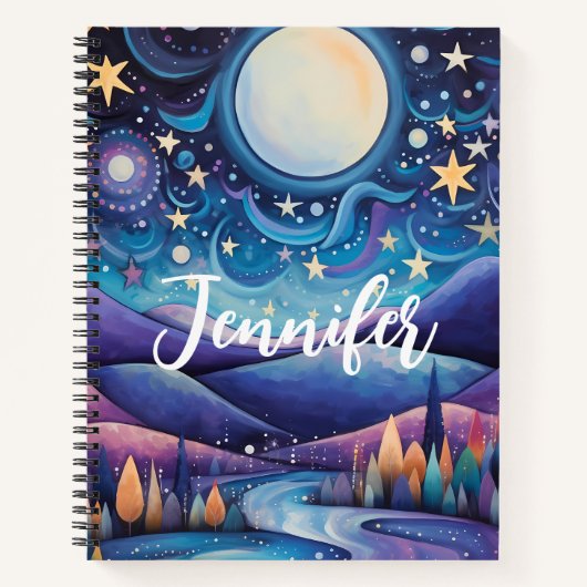 Whimsical nacht grote maan landschap notitieboek (Voorkant)
