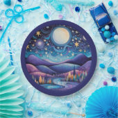Whimsical nacht grote maan landschap papieren bordje (Feest)