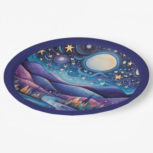 Whimsical nacht grote maan landschap papieren bordje (Gekanteld)