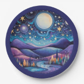 Whimsical nacht grote maan landschap papieren bordje (Voorkant)