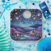 Whimsical nacht grote maan landschap papieren bordje (Feest)