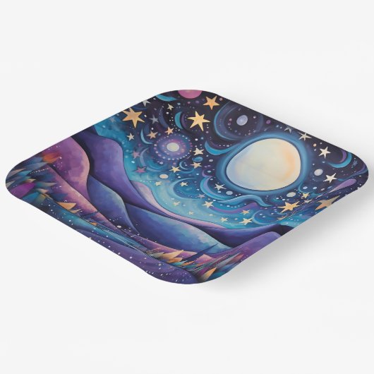 Whimsical nacht grote maan landschap papieren bordje (Gebogen)