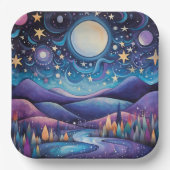 Whimsical nacht grote maan landschap papieren bordje (Voorkant)