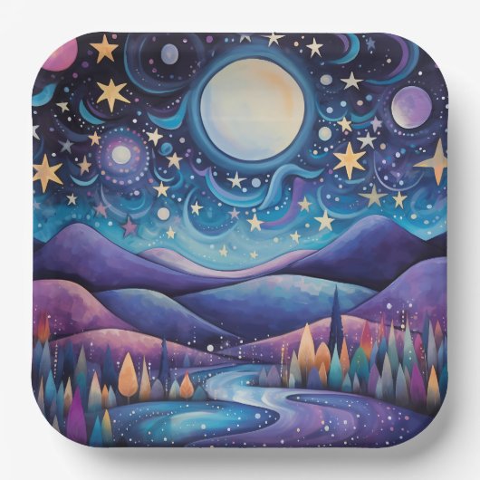 Whimsical nacht grote maan landschap papieren bordje (Voorkant)